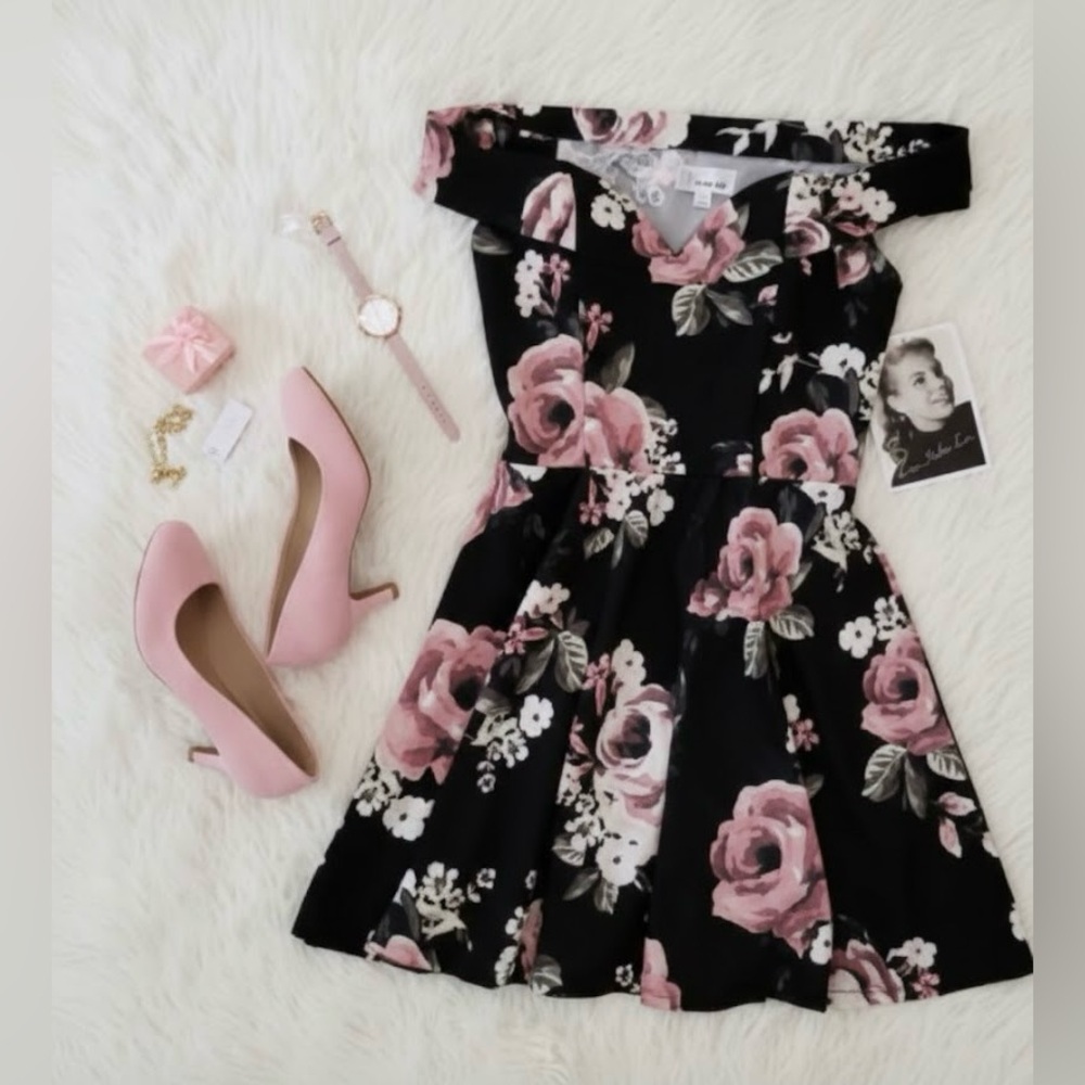 Black/Pink Floral Sweetheart Off the Shoulder Fit and Flare Skater Dress